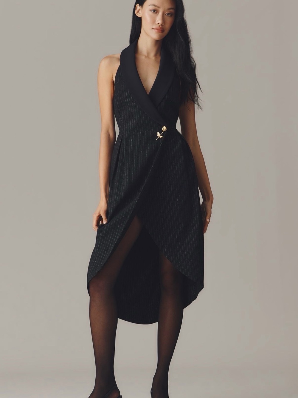 Anthropologie Black Pinstripe Halter Tuxedo Midi Dress with Gold Accent Size S